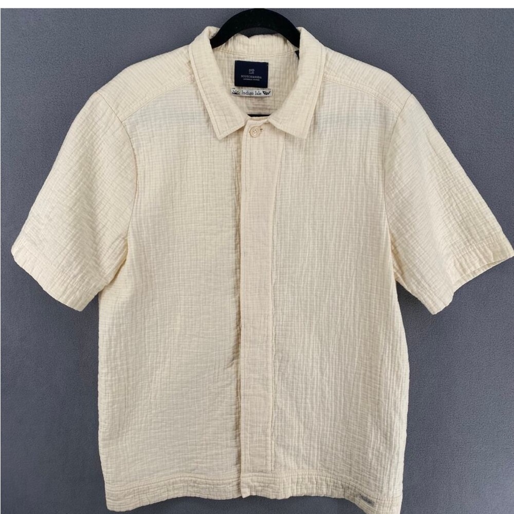 Scotch Soda Indigo Isle Mens L Cream Textured Button Down Short Sleeve Shirt